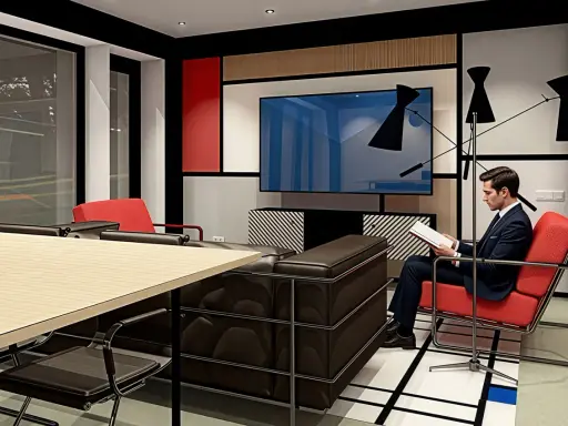 Man i kostym läser i en röd stol i ett rum med bauhaus inredningsstil. Mörkt lädersoffa och träbord.