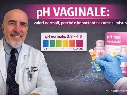 Medico sorridente in camice bianco, con grafico pH vaginale e kit test. Immagine a tema medicina.