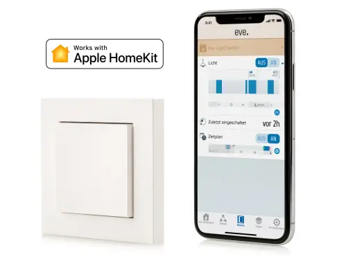 So einfach machst du deinen Lichtschalter smart: Ein weißer Schalter und ein iPhone mit der Eve App zeigen, wie HomeKit-Steuerung funktioniert.