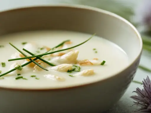 Un bol de velouté d'asperges crémeux, garni de pointes d'asperges, de ciboulette ciselée et de quelques éclats croustillants.