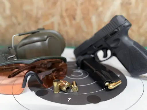 Pistolet, magazynek, łuski, okulary ochronne i słuchawki – kompletne akcesoria strzeleckie gotowe do użycia.