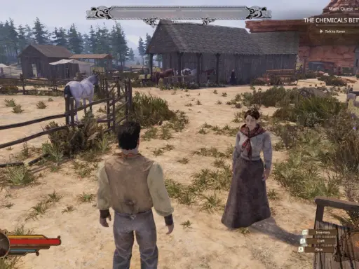 Dwóch bohaterów gry "Wild West Dynasty" stoi na piaszczystej farmie, rozmawiając przy płocie.
