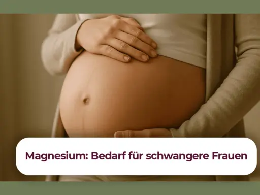 Schwangerenbauch mit Händen. Text: "Magnesium: Bedarf für schwangere Frauen". Wieviel Magnesium in der Schwangerschaft ist wichtig.