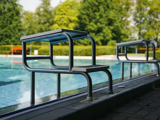 Zwei Sprungbretter am Beckenrand eines Freibades mit Bäumen im Hintergrund.