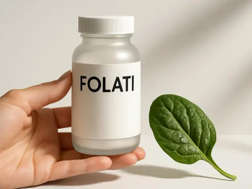 Flacone di folati, integratore utile per chi ha la mutazione MTHFR. Accanto, una foglia verde.