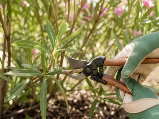Maintenant, la taille du laurier rose en pot pour une belle floraison. Des mains gantées utilisent un sécateur pour tailler une branche.