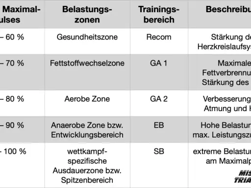 Tabelle zeigt Trainingszonen: Zone 2 (Fettstoffwechselzone, 60-70% Puls) für maximale Fettverbrennung und HKS-Stärkung.