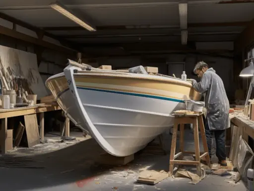 Un artiste travaille sur la peinture d'un bateau en aluminium dans son atelier.