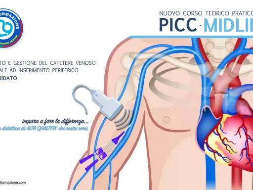 Corso pratico sull'inserimento PICC ecoguidato. Illustrazione anatomica mostra il posizionamento del catetere venoso centrale.