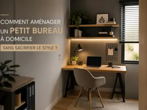 Aménagement d'un petit bureau à domicile stylé : bureau en bois, chaise confortable, étagères et lampe.