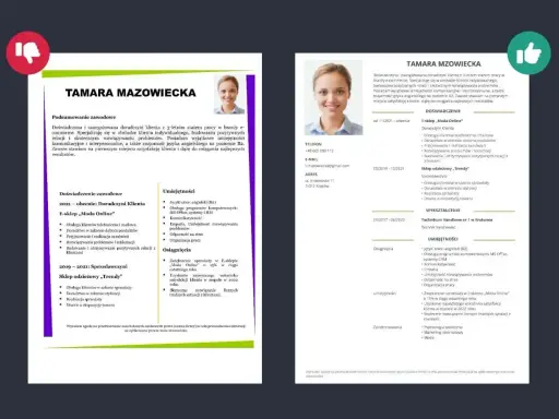 CV Tamary Mazowieckiej: doświadczona doradczyni klienta z 3-letnim stażem, biegła w obsłudze e-commerce i rozwiązywaniu problemów.