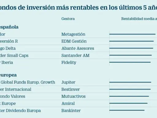 Tabla muestra fondos de inversión españoles y europeos con su rentabilidad media anualizada en los últimos 5 años. Metavalor lidera con 16,05%.