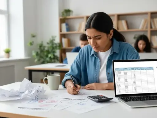 Uczennica pochylona nad zeszytem, obok kalkulator i laptop z tabelą wyników. Intensywna nauka do egzaminów **international baccalaureate**.