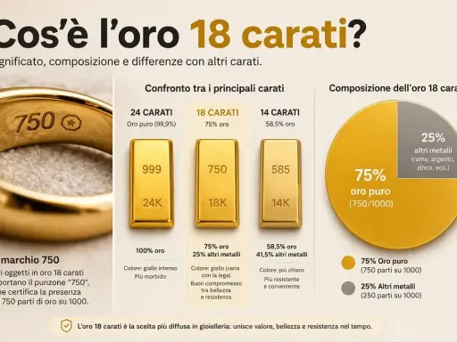Anello con punzone "750", che indica 750 parti di oro puro su 1000, mostrando la composizione dell'oro 18 carati.