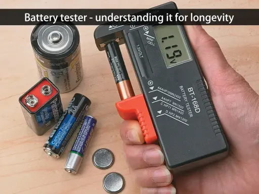 Un comprobador de baterías muestra el voltaje de una pila AA. Hay varias pilas de diferentes tamaños y tipos sobre una superficie de madera.