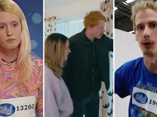 Anna, en ung person med rosa slingor, och två andra deltagare från Idol.