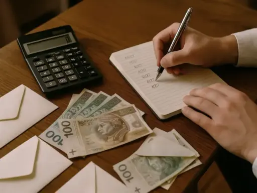 Ręka zapisuje w notesie, co zrobić z pieniędzmi z wesela. Obok leżą koperty, banknoty 100 zł i kalkulator.