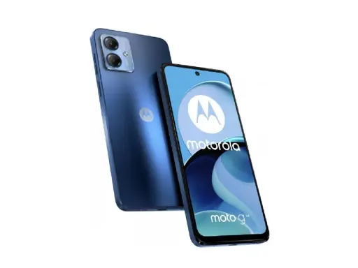 Dwa niebieskie telefony Motorola G Play na białym tle. Jeden z przodu z logo Motorola i napisem "moto g¹⁴", drugi z tyłu z modułem aparatu.