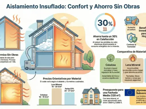Aislamiento de casas para mejora de la eficiencia, con ahorro del 30% en calefacción y beneficios como confort y reducción de ruido.