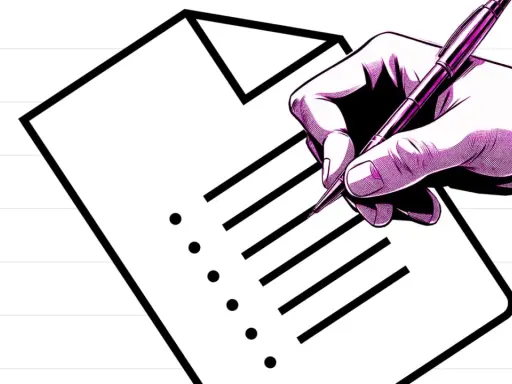 Hand mit Stift erstellt einen Schreibplan auf einem Blatt Papier mit einer Checkliste.