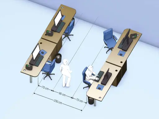 Aménagement de bureaux illustrant l'ergonomie : distances entre postes de travail et circulation.