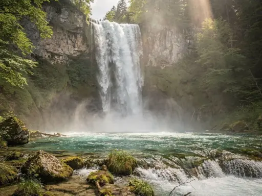 Cascata maestosa nei Laghi di Plitvice, con acqua turchese e rocce muschiose. La luce solare filtra tra gli alberi, creando un'atmosfera magica.