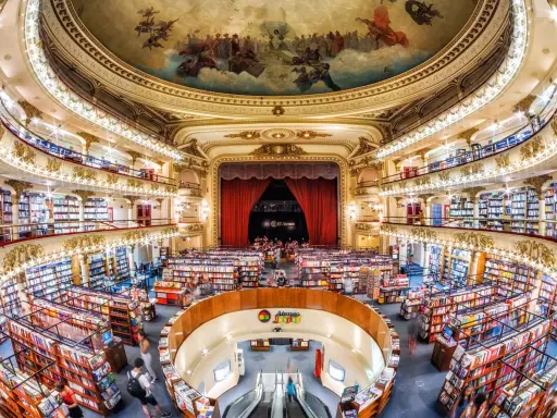 El Ateneo Grand Splendid, a former theatre, is a stunning bookstore in Buenos Aires, showcasing its opulent architecture and vast book collection.