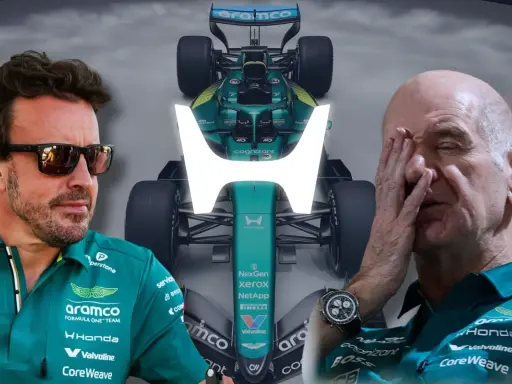 Fernando Alonso y un coche de Aston Martin, con la silueta de Adrian Newey en el fondo.