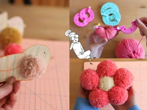Anleitung zum pompons selber machen: Ein Vogel aus Papier mit Pompon, Werkzeuge und Garn, sowie eine Pompon-Blume.