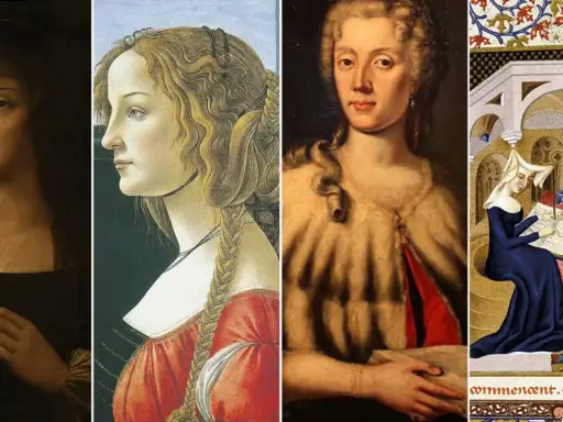 Quattro ritratti femminili: un volto enigmatico, una dama con trecce, una donna con riccioli e una figura che scrive, forse Cristina da Pizzano.