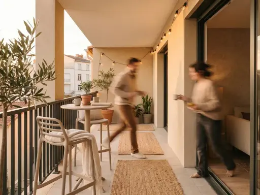 Un balcone piccolo abbellito con piante, un tavolino, sedie e luci. Perfetto per godersi momenti all'aperto.