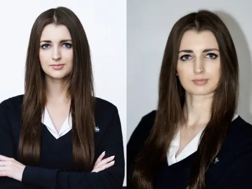 Dwie fotografie młodej kobiety w czarnym swetrze i białej koszuli, z rękami skrzyżowanymi na piersi.