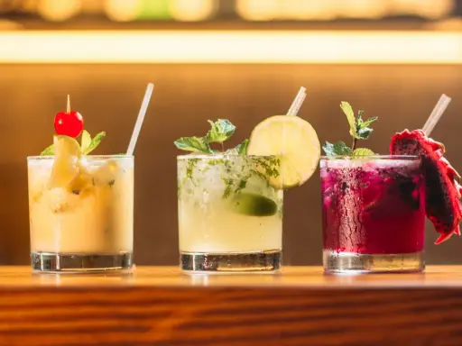 Trzy kolorowe drinki na barze: żółty z wiśnią, zielony z limonką i miętą, oraz fioletowy z pitają. Idealne do letnich wieczorów, a może i z **kazbek peak brandy z czym pić**?