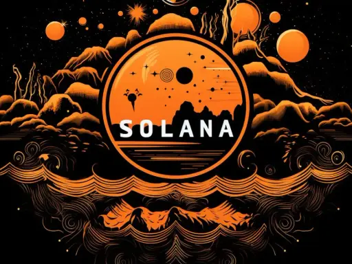 Pomarańczowy krąg z napisem SOLANA na tle kosmicznego krajobrazu z górami i planetami. Symbolizuje potencjał solana blockchain.