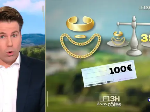 Un homme parle à la télévision. À côté, des bijoux en or sont pesés, montrant 39g, et un chèque de 100€. Une illustration pour faire estimer un bijou.