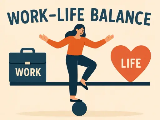 Ilustracja przedstawia kobietę balansującą na kuli, próbując utrzymać równowagę między teczką z napisem "WORK" a sercem z napisem "LIFE". Kluczowe jest osiągnięcie work-life balance.