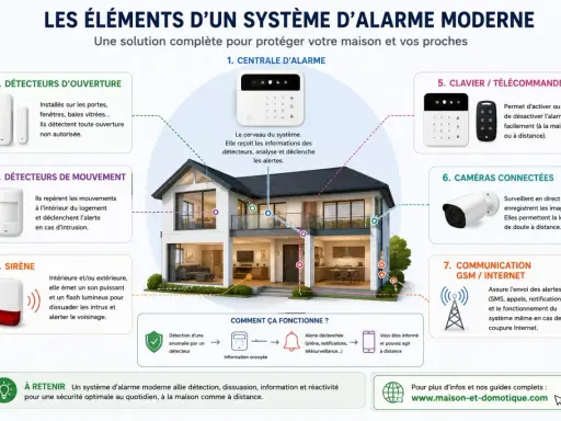 Schéma d'une installation alarme maison : centrale, détecteurs, sirène, caméras, clavier et communication pour une sécurité optimale.