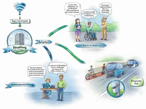 Smart City Projekte: Verwaltung modernisiert Aufgaben für eine bürgerfreundliche, klimagerechte Stadt. Urban governance im Wandel.