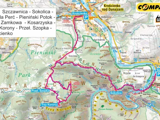 Mapa turystyczna Pienin z zaznaczonymi szlakami, w tym trasą na Trzy Korony i Sokolicę.