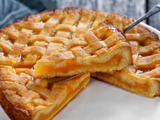Una fetta di crostata senza glutine con ripieno di albicocche dorate, la sua pasta friabile e la griglia decorativa invitano a un assaggio goloso.