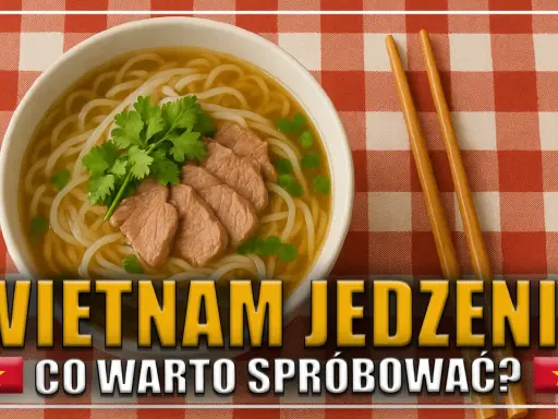 Miska wietnamskiej zupy pho z wołowiną i kolendrą, pałeczki, na czerwono-białej kratce.
