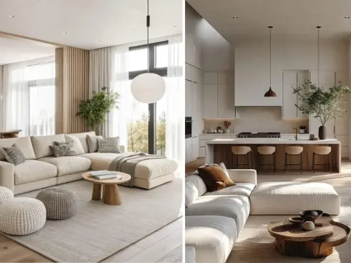 Interni luminosi di una casa beige e bianca con divani comodi, tavolini in legno e una cucina moderna con isola.