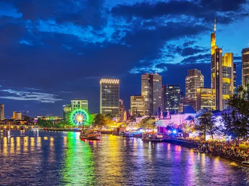 Frankfurt Mainufer bei Nacht: Lichtermeer, beleuchtetes Riesenrad und Skyline spiegeln sich im Wasser.