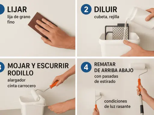Guía para como pintar paredes con rodillo: lijar, diluir pintura, mojar y escurrir rodillo, y rematar de arriba abajo.
