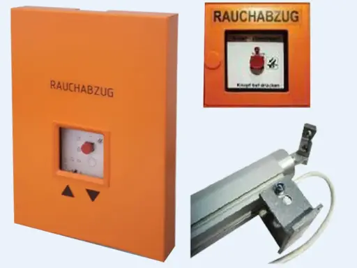 Rauchabzug-Steuereinheit mit rotem Knopf und Pfeilen, daneben ein Display mit Rauchwarnsymbol. Ein mechanischer Antrieb ist ebenfalls zu sehen.
