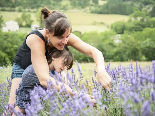 Une mère et sa fille cueillent de la lavande dans un champ. Au loin, une maison et des collines verdoyantes.
