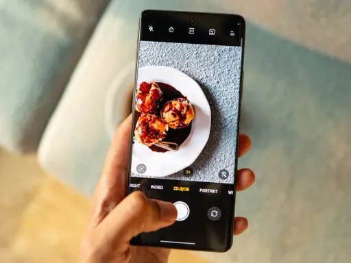 Dłoń trzyma telefon, na ekranie którego aparat robi zdjęcie pysznych ptysiów polanych czekoladą.