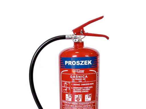 Gaśnica proszkowa ABC do gaszenia pożarów ciał stałych, cieczy i gazów. Skuteczna w domu i warsztacie.