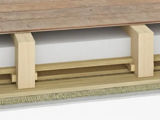 Dettaglio costruttivo per isolamento acustico soffitto: legno, materiale isolante bianco e finitura a vista.