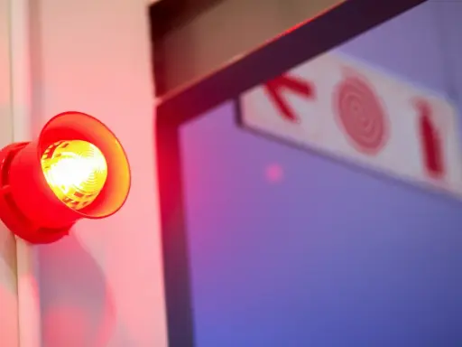 Czerwony alarm przeciwpożarowy miga, przypominając o tym, co to dysocjacja. Znak ewakuacyjny w tle.
